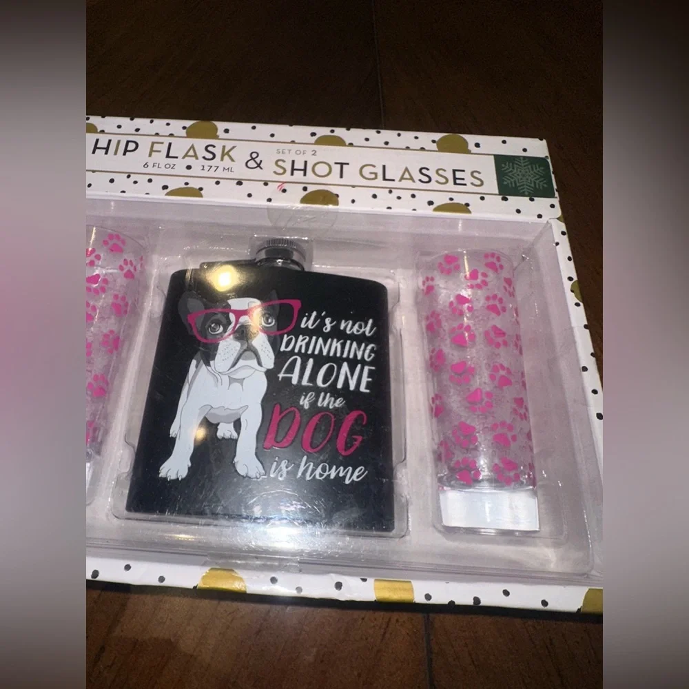 Dog-Themed Black Hip Flask and Pink Shot Glass Set